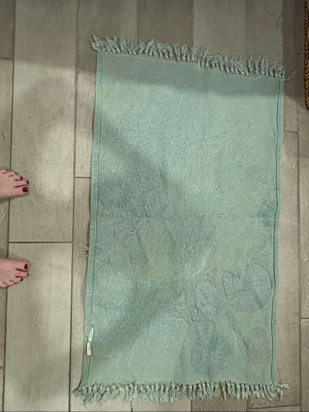 Magaschoni Sage Green Floral Embroidered Bath Mat with Coral and Blue Accents